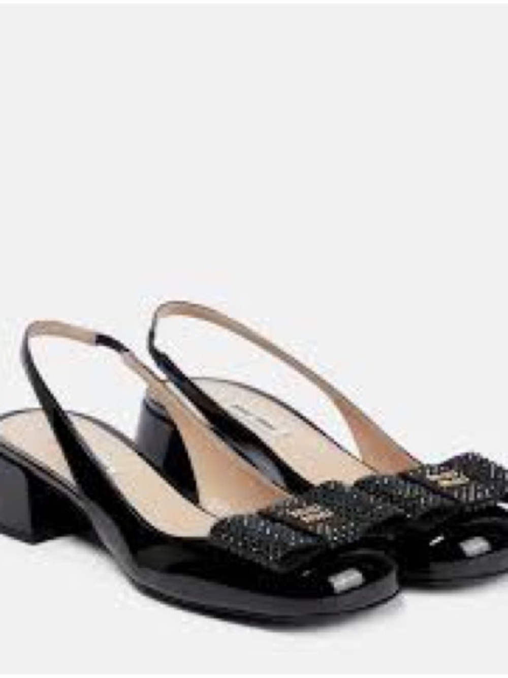 MIU MIU Patent Slingback Block Heel Pumps with Beaded Bow Accent, Size 38